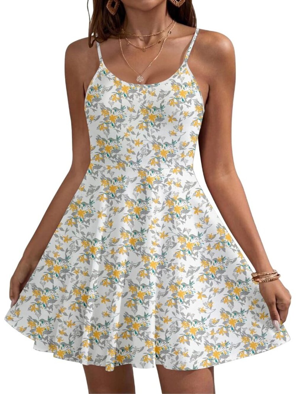 Women's Yellow Floral Summer Dress Spaghetti Strap Floral Mini Casual Dress